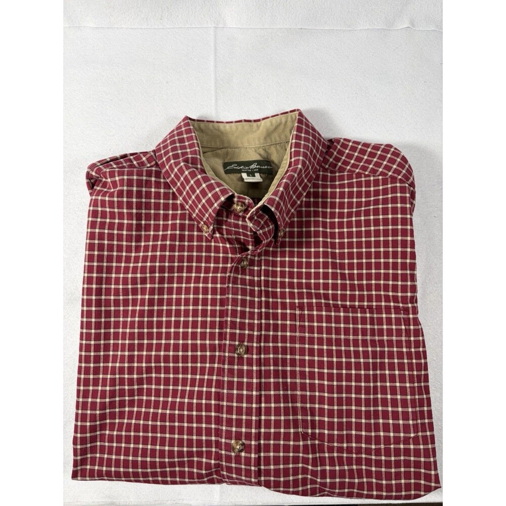 Eddie Bauer Cotton Twill Shirt Mens L Plaid Button Down Window Pane Long Sleeve